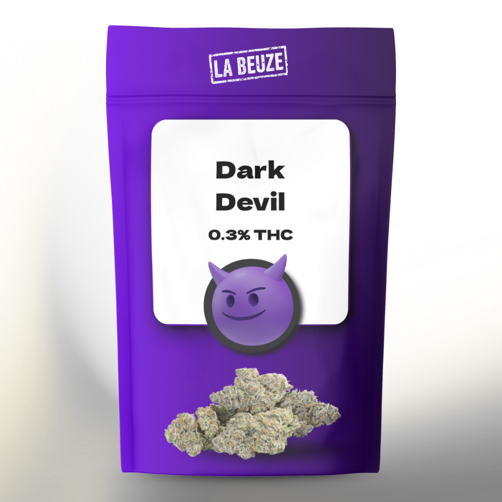 Fleur Dark Devil CBD cultivée en serre teintes pourpres résineuse

