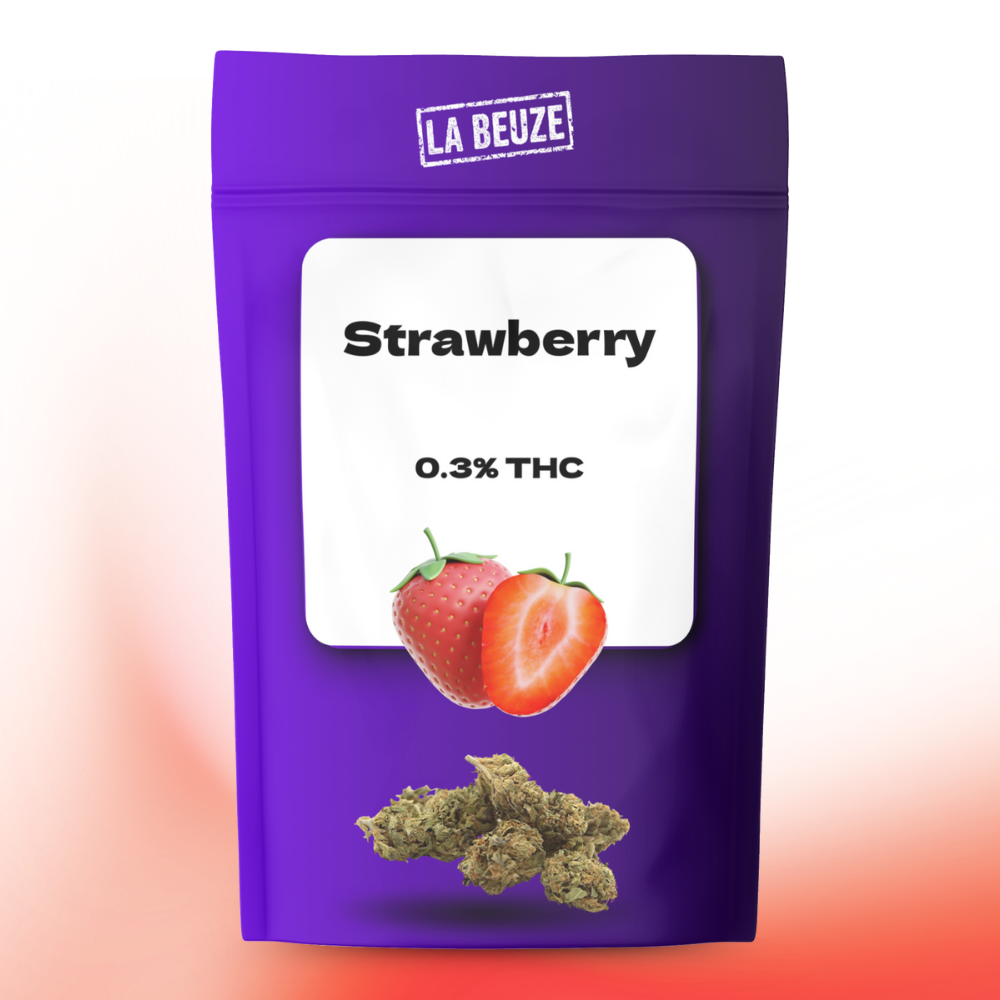 Fleur de CBD Strawberry cultivée en serre en France avec arômes de fraise
