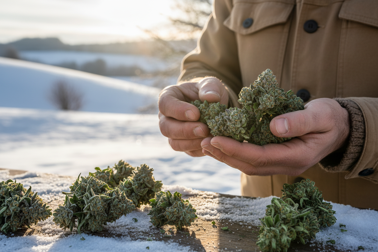 Artisan français examinant avec passion des fleurs de CBD premium La Beuze cultivées en France, gros plan sur les mains tenant les fleurs en hiver avec soleil et neige, savoir-faire artisanal et qualité française
